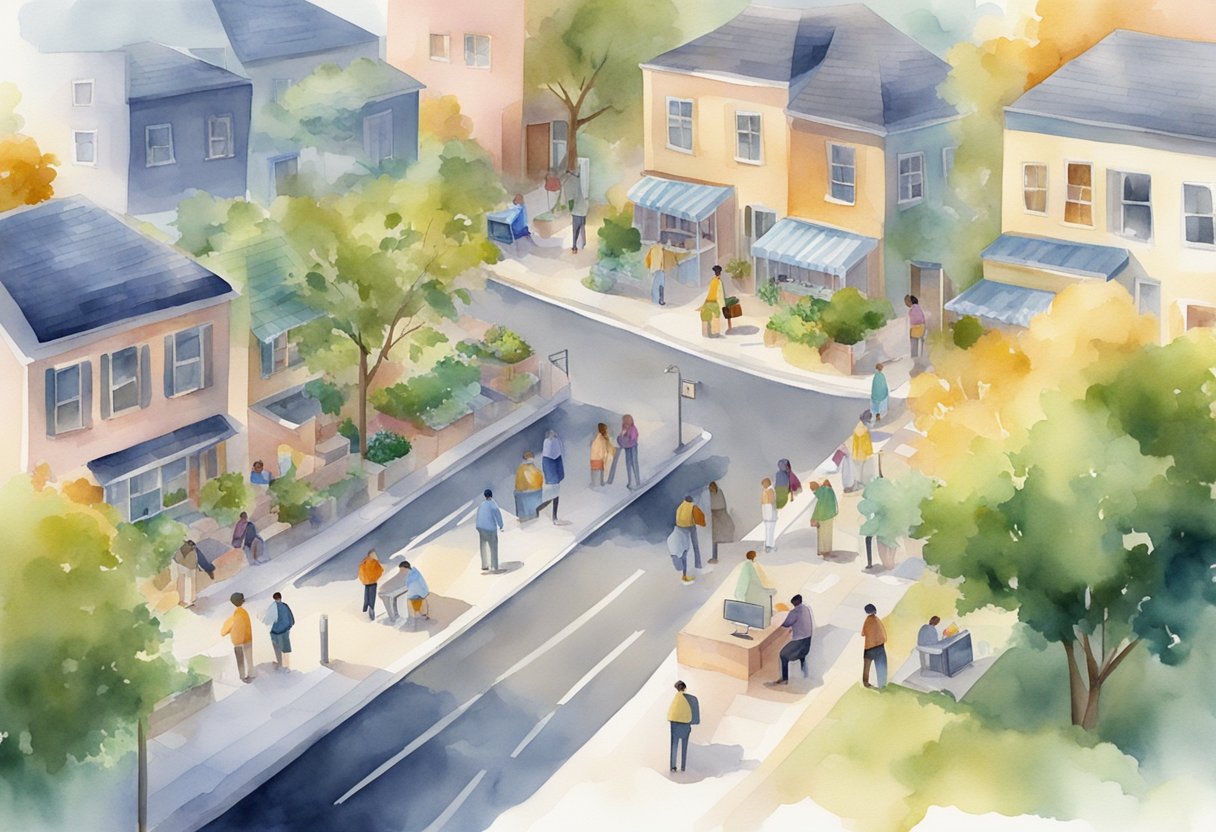 A digital watercolor of people walking on the strees of a comunity