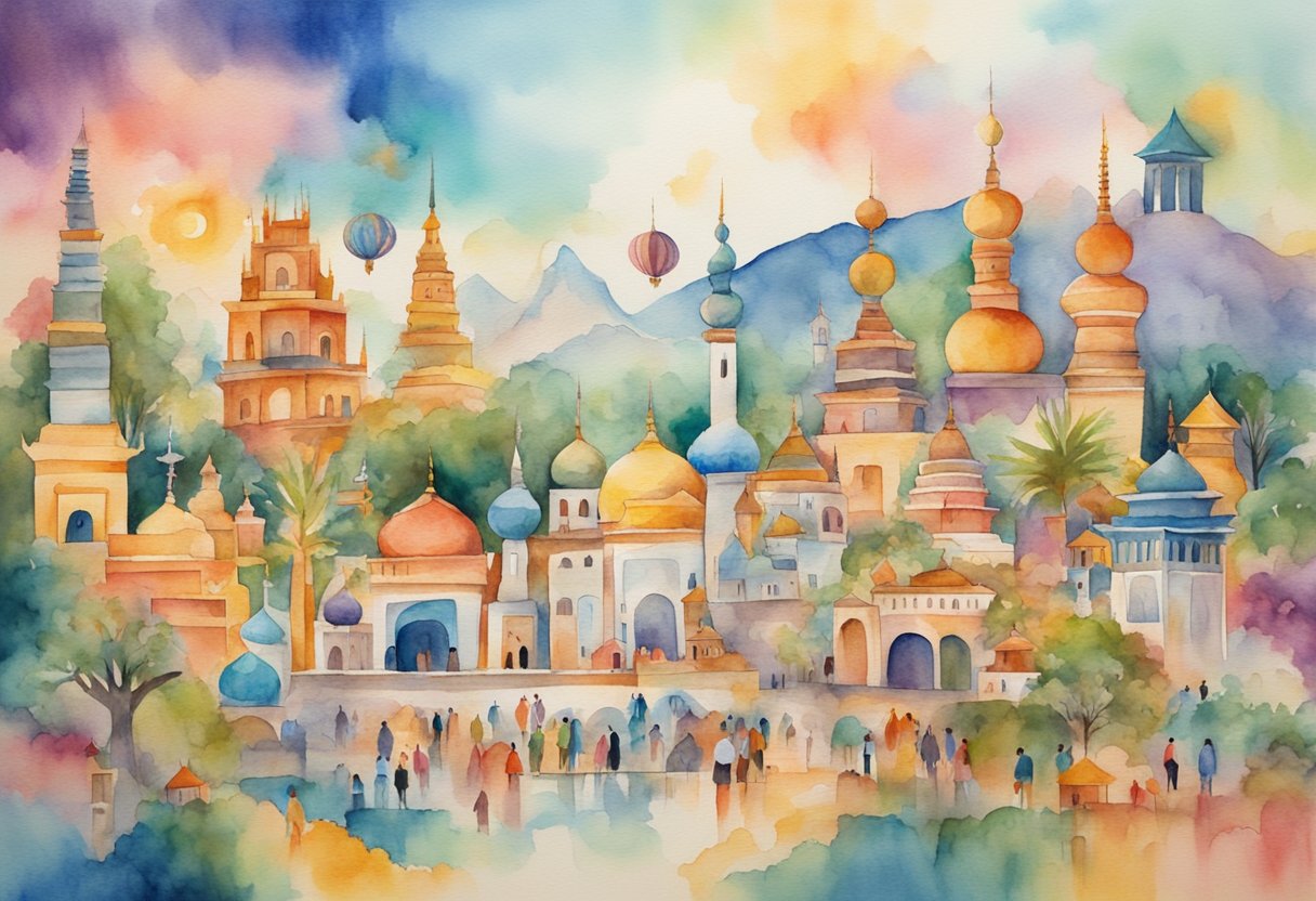 A digital watercolor of a magical city in the sky