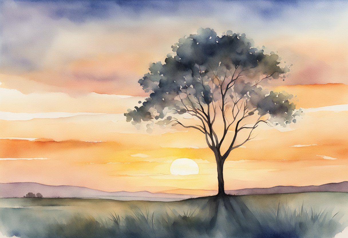 A digital watercolor of the silhouette of a tree in the setting sun