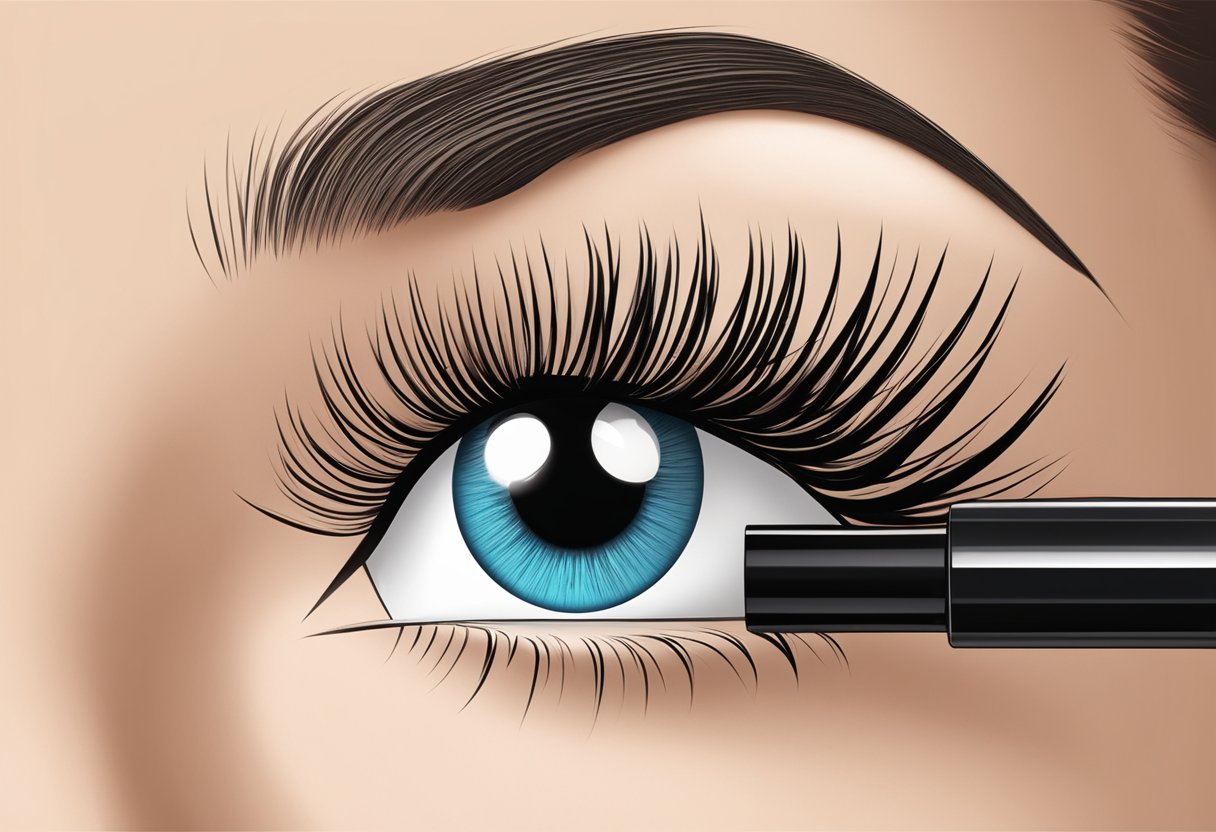mascara wand being held up by eyelash extensions