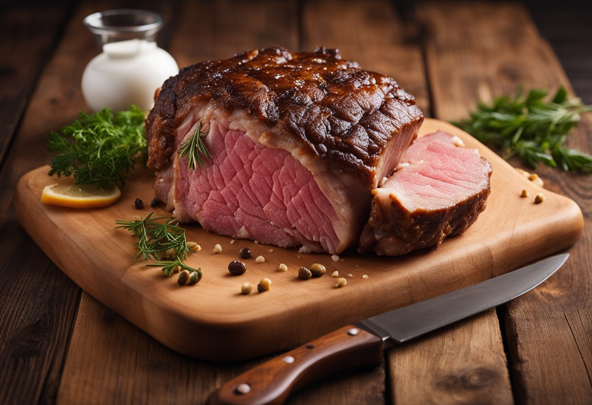 An appetizing image showcasing a succulent beef knuckle roast, perfectly cooked and ready to be served