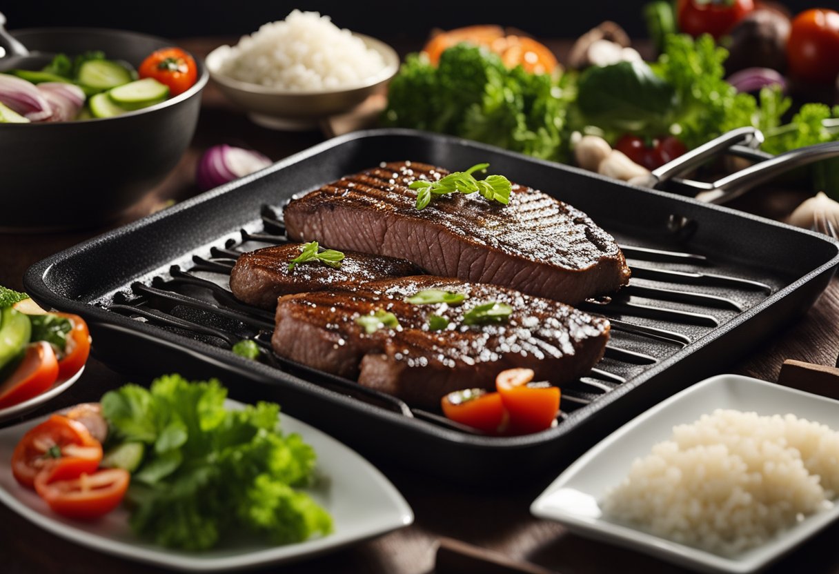 An appetizing plate featuring a perfectly cooked steak drizzled with sizzling pepper sauce, showcasing the delectable Pepper Lunch recipe