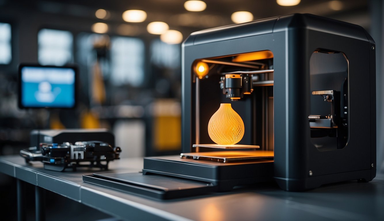 A 3D printer with a black exterior is printing an orange, vase-shaped object with a detailed, ribbed texture. The object is glowing, suggesting it is being printed with a translucent material. In the foreground, out of focus, is a drone and controller on a table. The background is softly blurred with a display screen and industrial lighting.