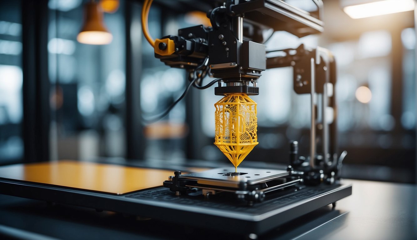 A close-up of a 3D printer creating a detailed, lattice-structured yellow object, possibly a lampshade or decorative piece. The printer's nozzle is in focus, with the object appearing vibrant against the blurred background of a modern workspace with soft lighting.