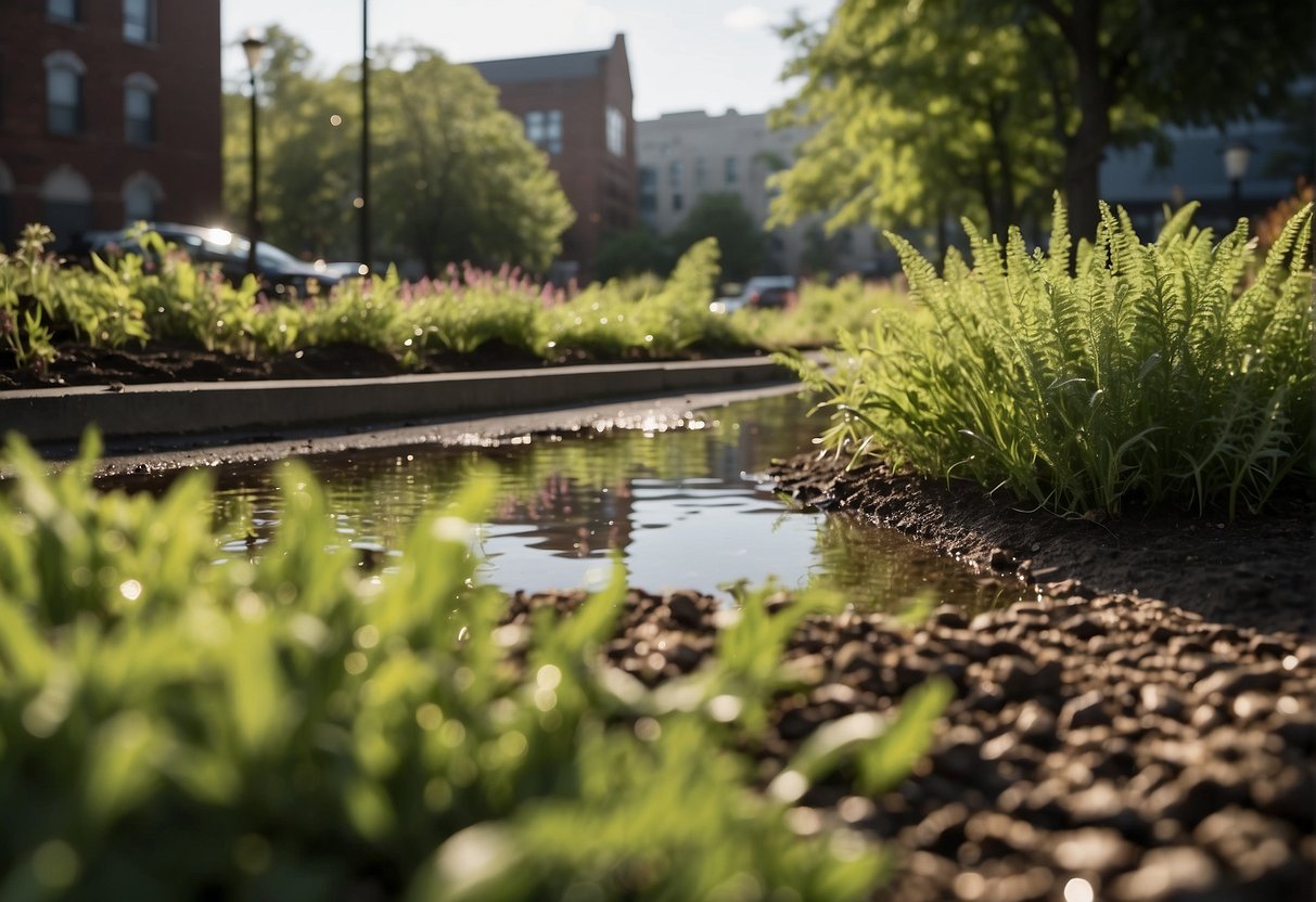 Close up of a rain garden in an urban setting, with water absorbing into the ground, close to a kerb and surrounded by ferns and plants. One of the beneftis of urban rain gardens is that they can improve the quality of the water by filtering out pollutants.