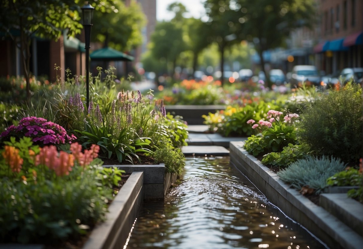 Close up of a rain garden in an urban area, surrounded by beautiful plants. Aesthetic appeal is one of the key benefits of urban rain gardens.