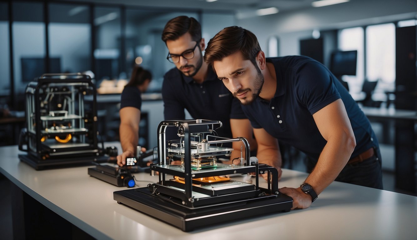 Two men in a modern office setting are closely examining a 3D printer at work. They are focused on the details of a print job, standing over the printer which is producing an orange object. Another 3D printer is visible in the background, suggesting an environment dedicated to design and prototyping.