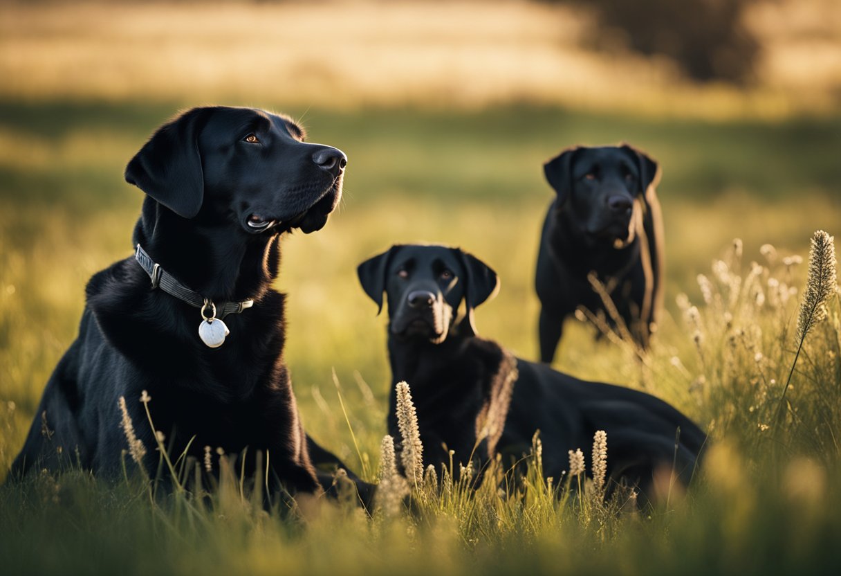 three black labradors in a field 