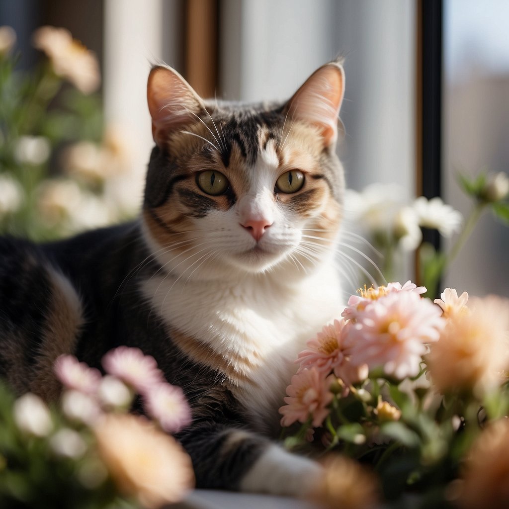 Dilute Calico Cat with flowers