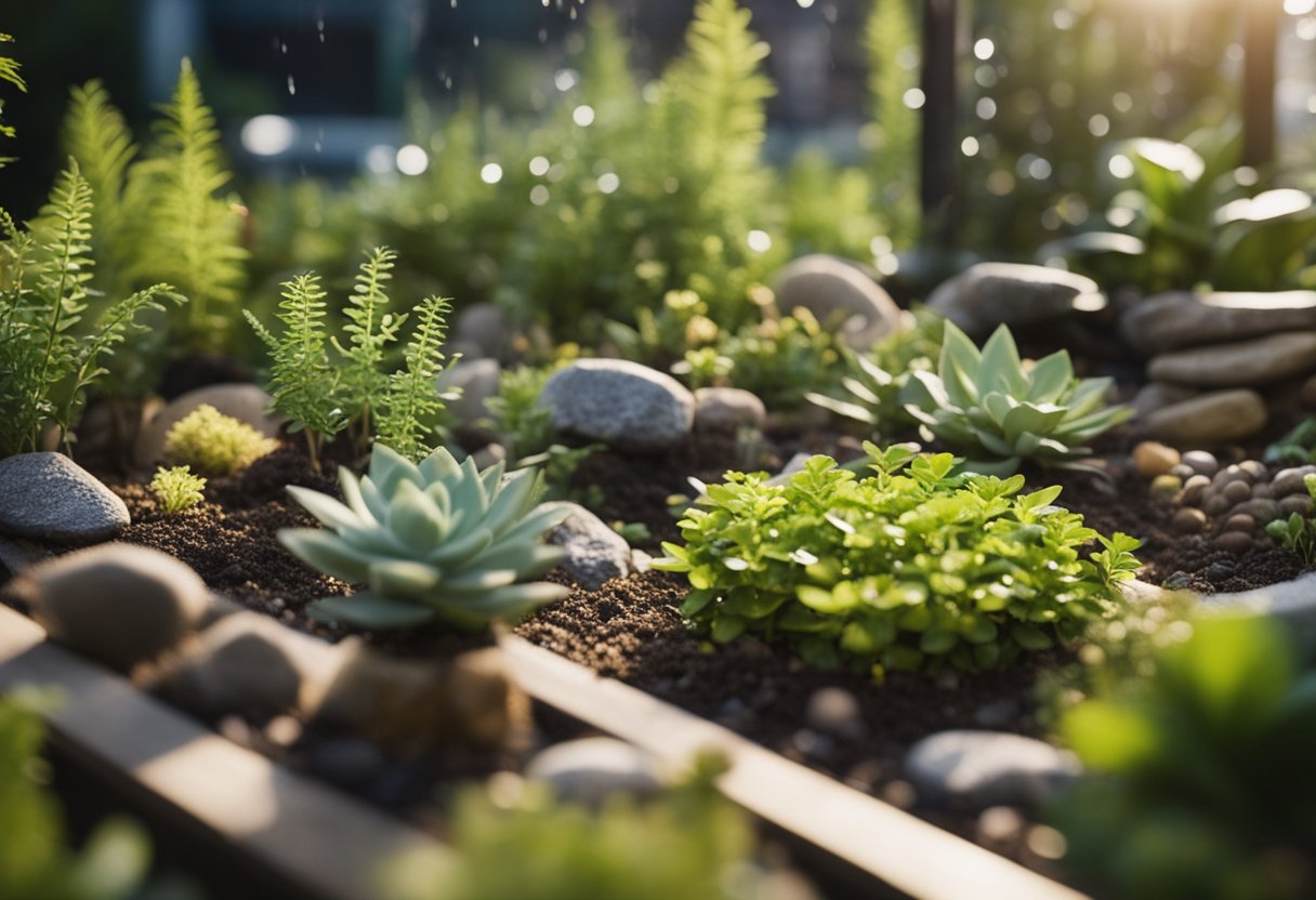 General view of a mini rain garden with a range of plants, foliage and soil in a city centre.