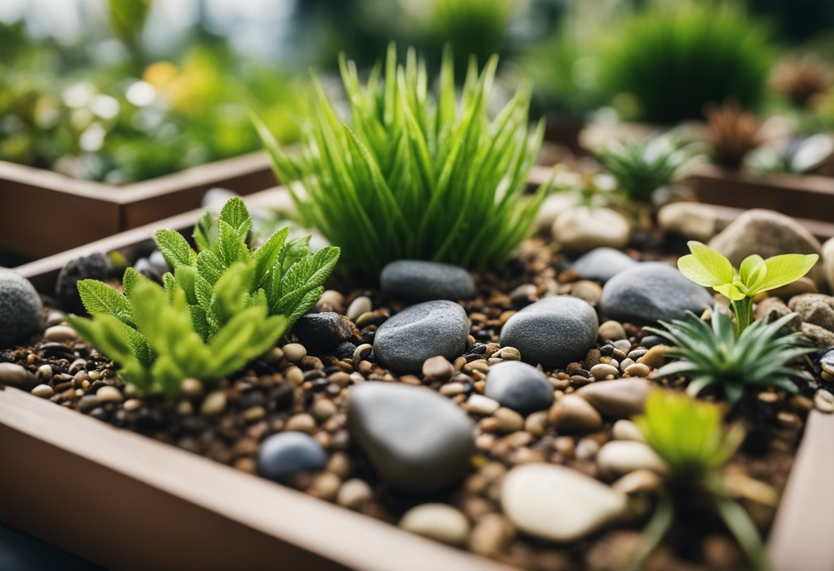 Close up view of a tini mini rain garden with gravel, larger pebbles and plants. The image is an example of creating mini rain gardens in a city space.