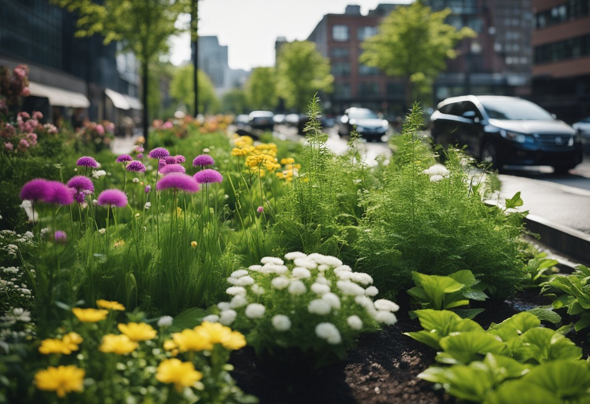 View of a rain garden containing a variety of plants situated by a main road, with cars passing by. The image appears in the article "Rain gardens to improve urban air quality".