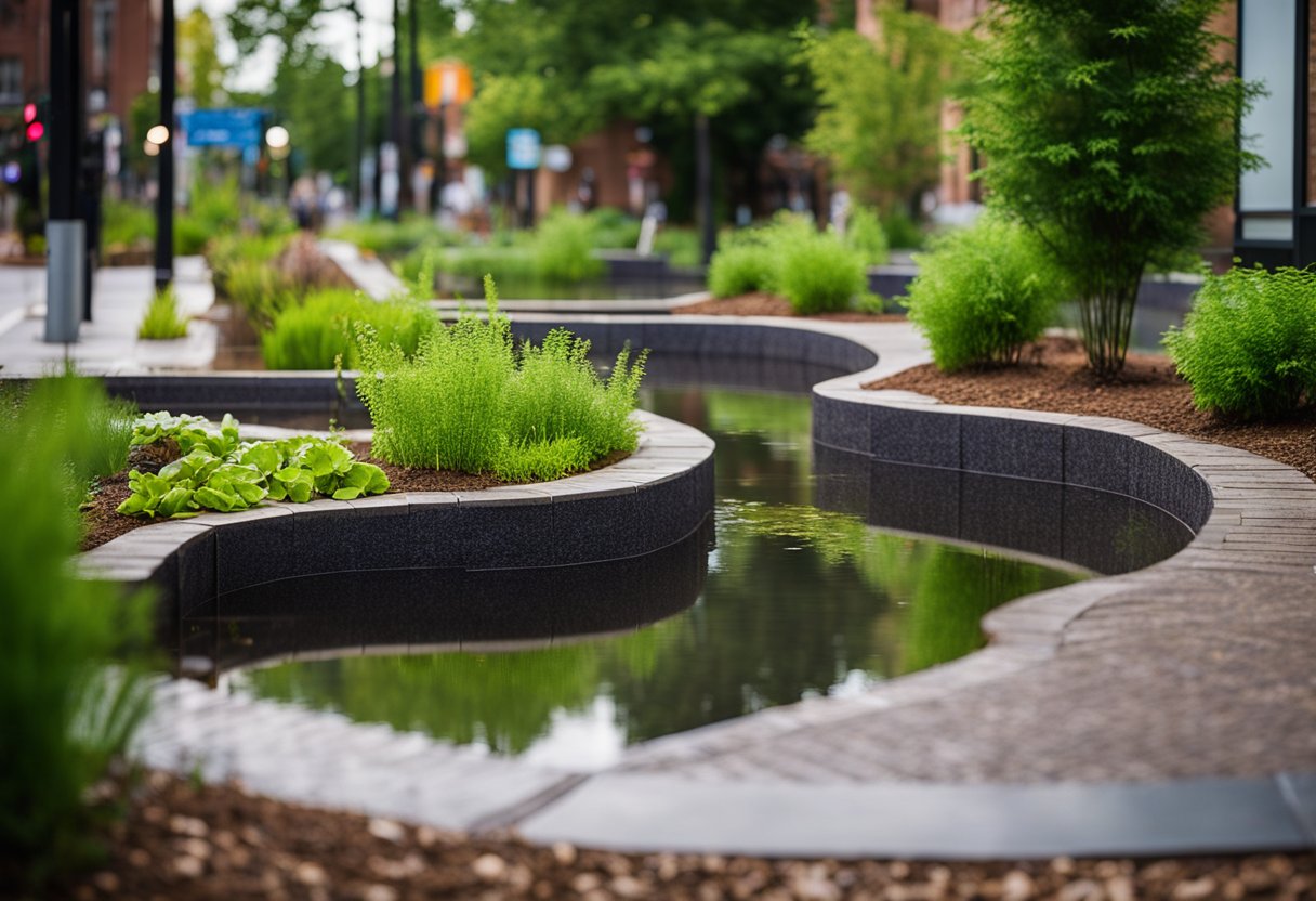View of an urban rain garden in a city centre surrounded by greenery and city buildings. Image appears in an article on rain gardens to improve urban air quality.