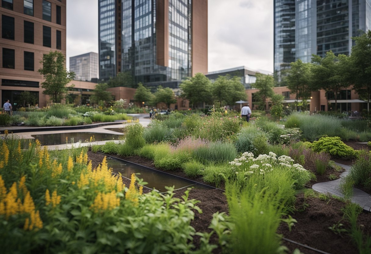 View of an urban rain garden containing different structures and a variety of plants with a city backdrop.