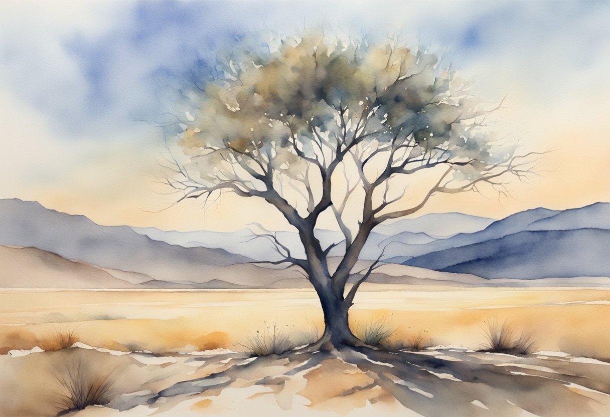 A digital watercolor of a tree growing in the desert