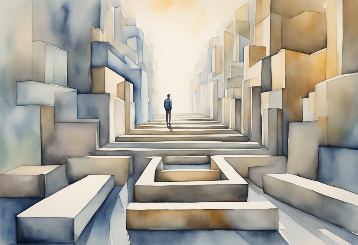 A digital watercolor of a man standing in a cubed alleyway