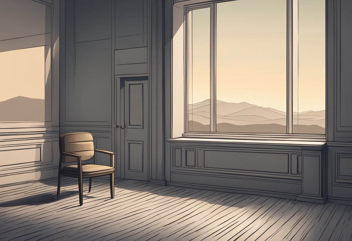 A digital illustration of a large room with big windows with a single chair.