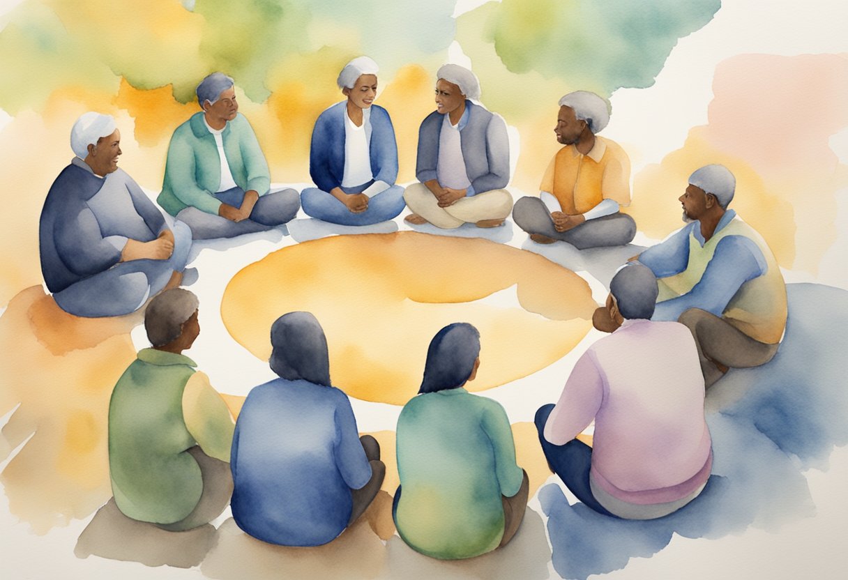 A digital watercolor of a support group sitting together in a circle