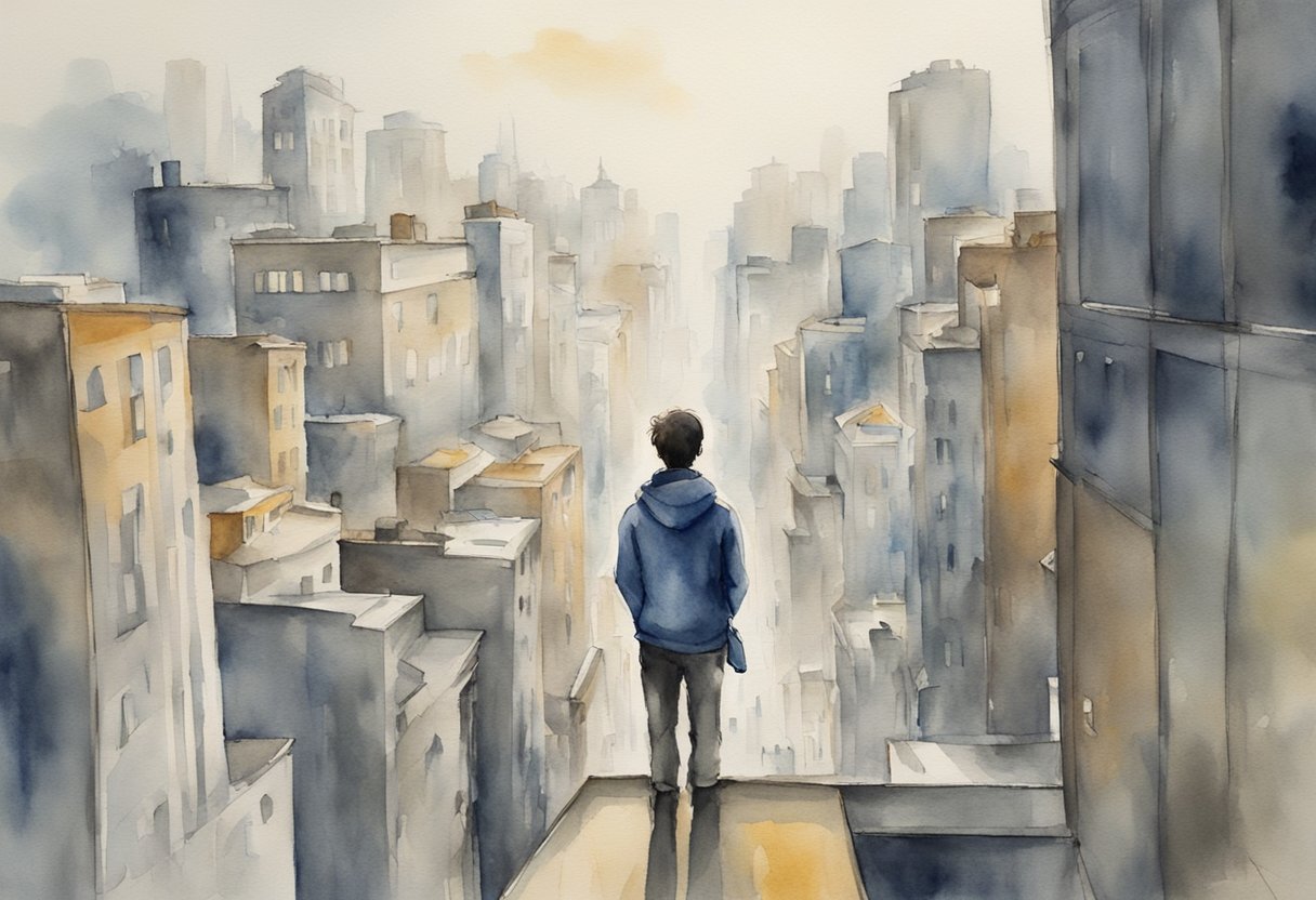 A digital watercolor of a person standing on a buildings edge overlooking the city skyline