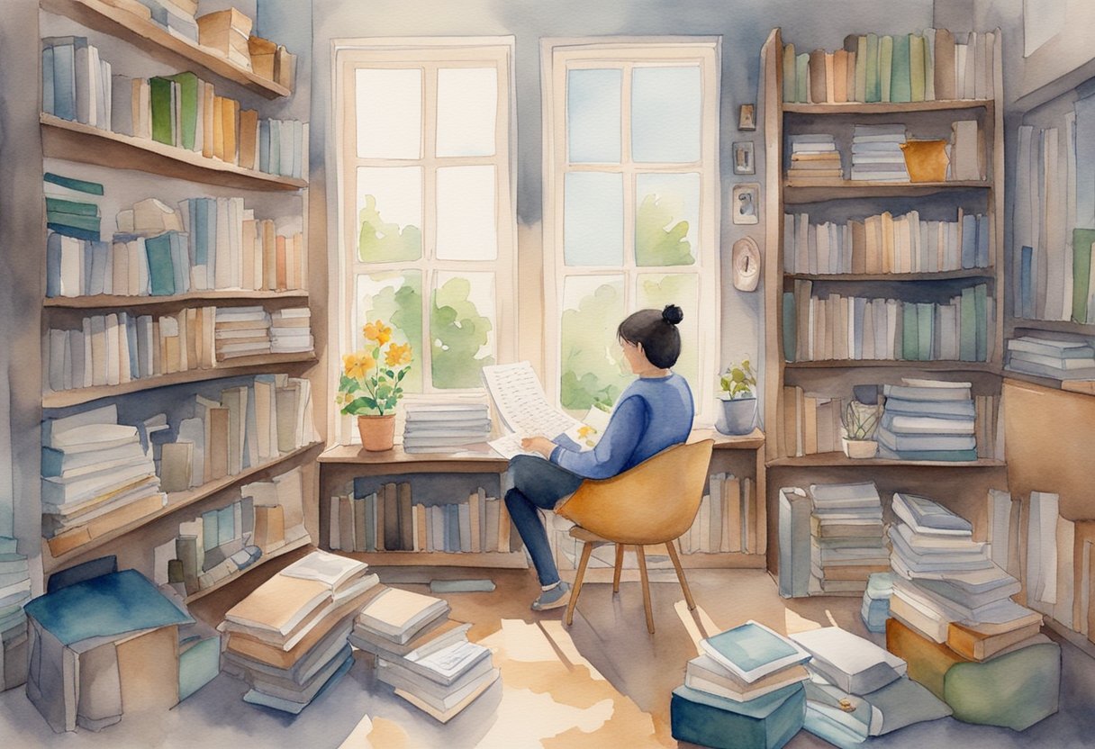 A digital watercolor of a person reading in a full personal library