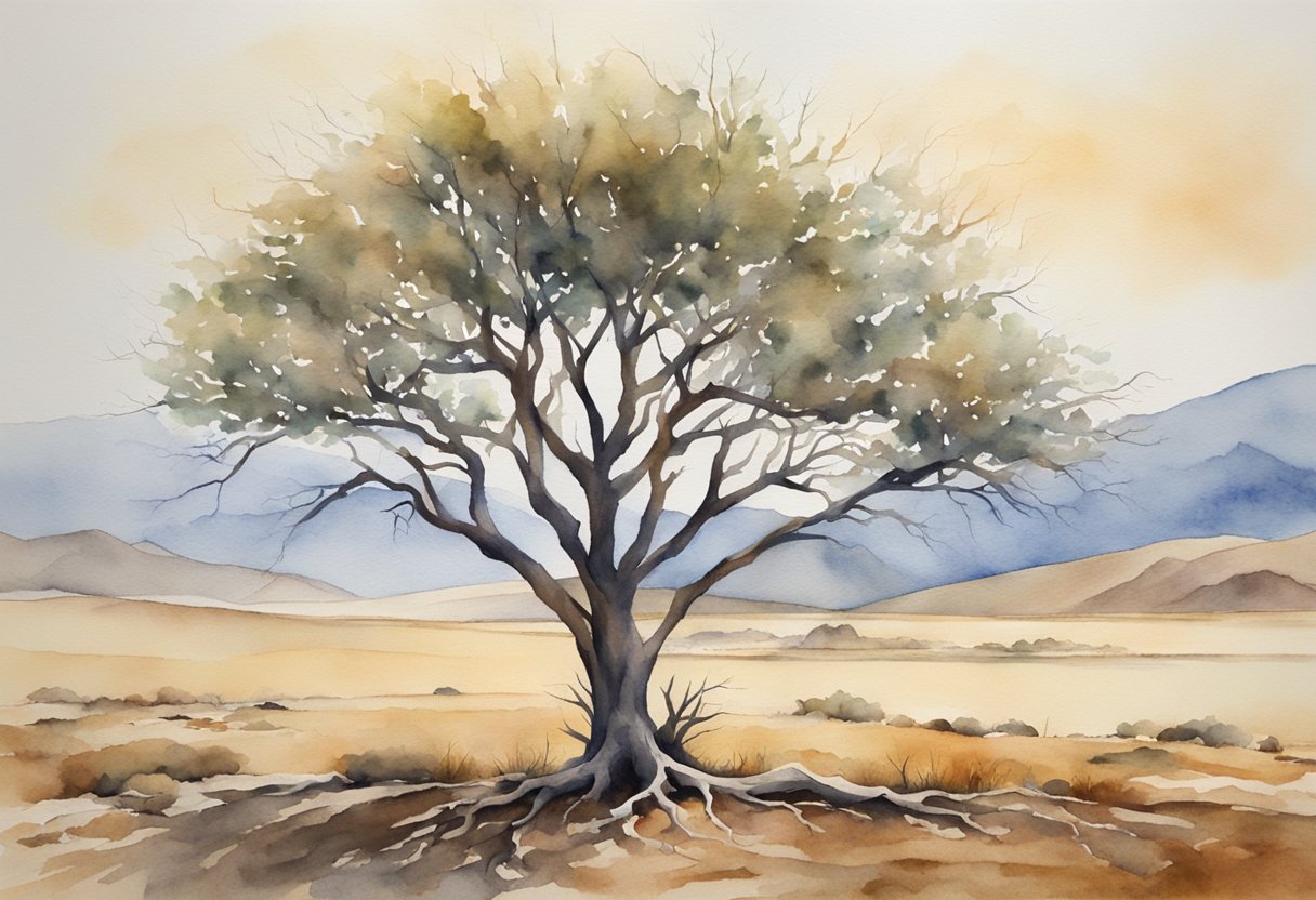 A digital watercolor of a tree of life growing in the desert