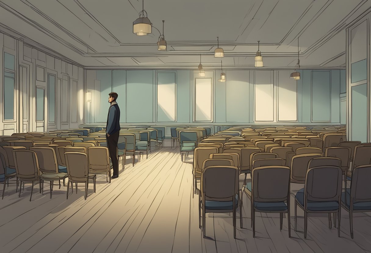 A digital illustration of a man standing in a room with empty chairs