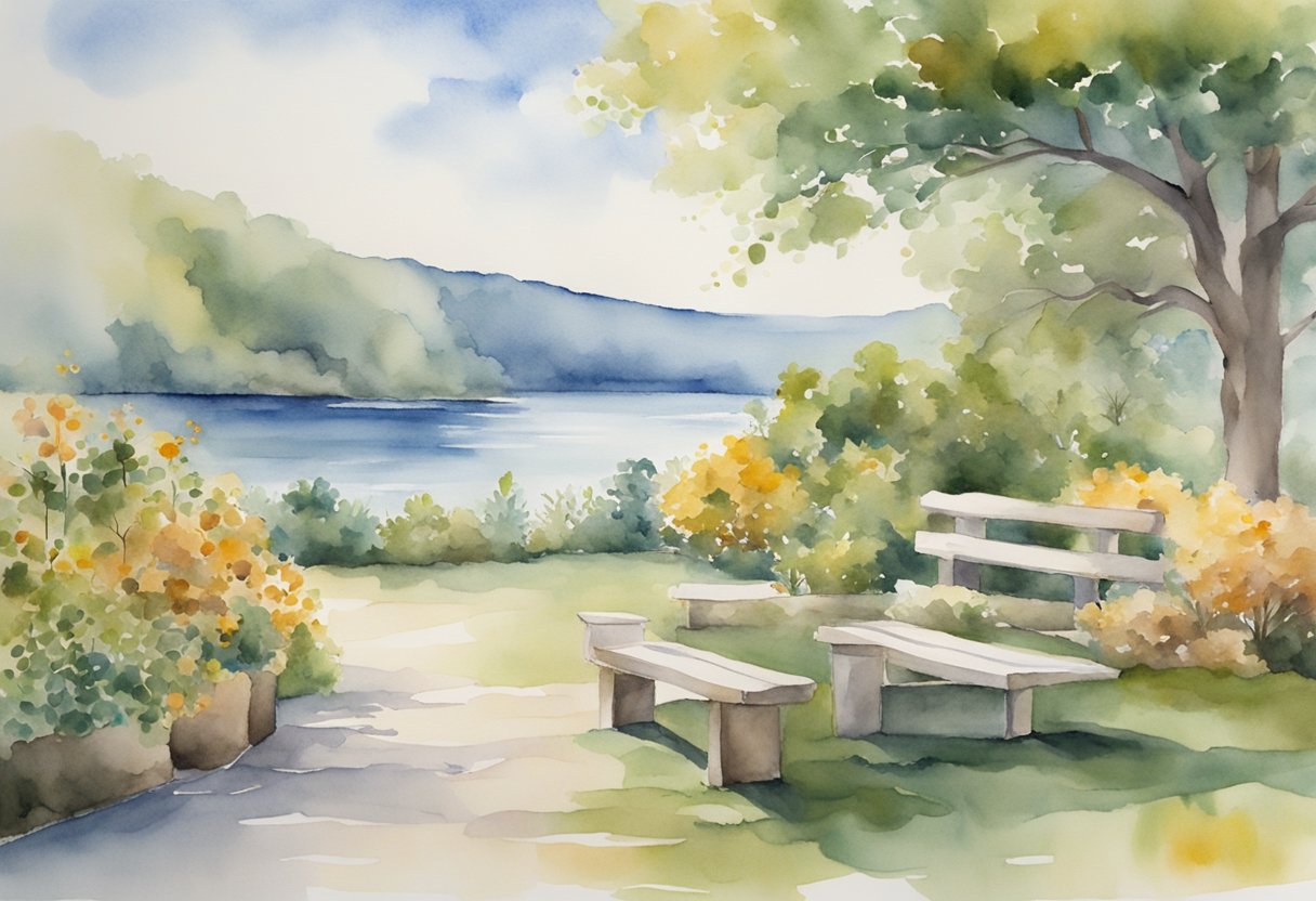A digital watercolor of a park bench near a lake