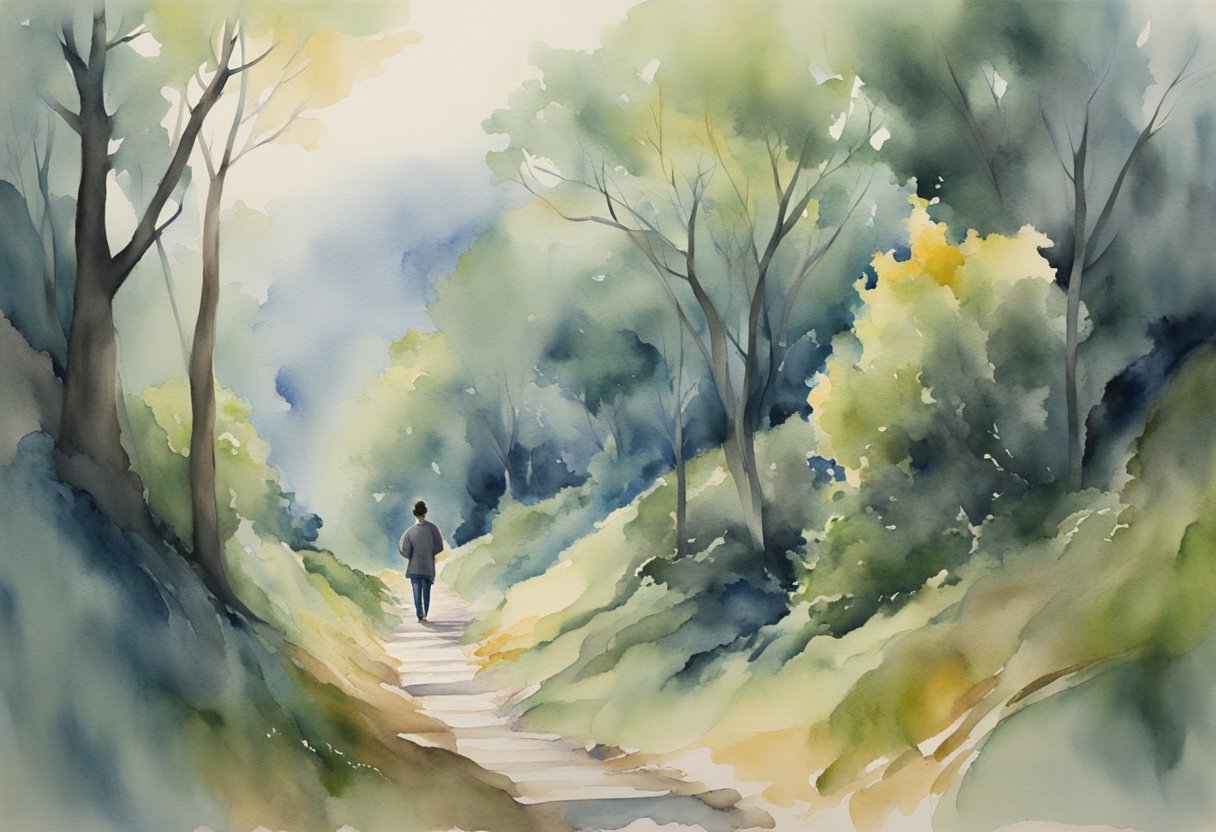 A digital watercolor of a person walking down a path in a forest