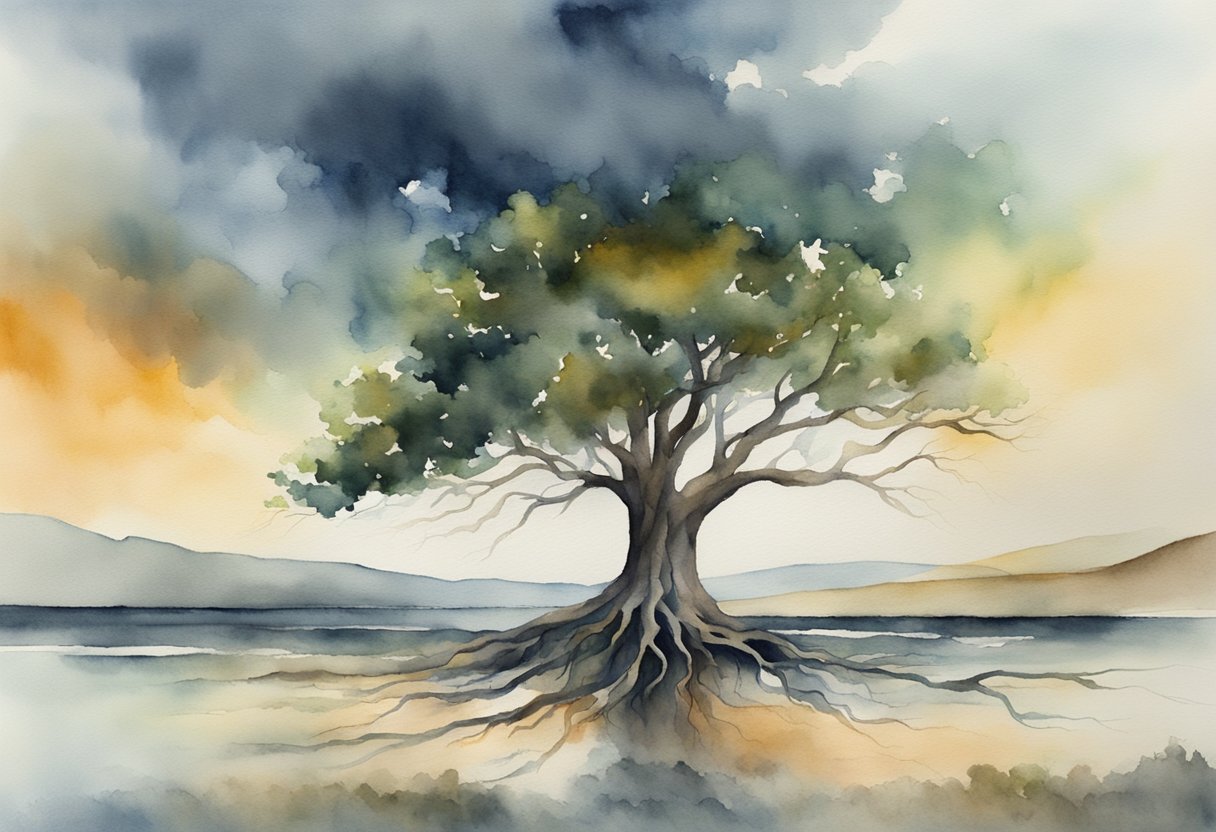 A digital watercolor of tree of life at sunset