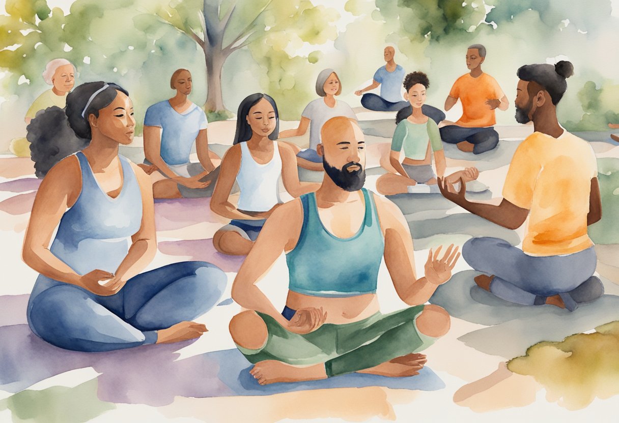 A digital watercolor of people practicing Taichi