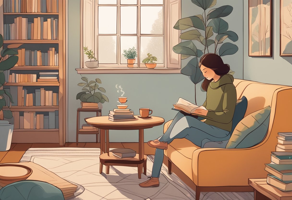 A digital illustration of a woman reading a book on the couch.