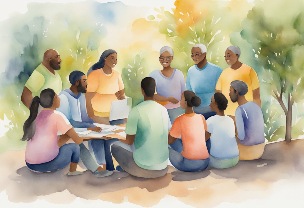 A digital watercolor of a peer support grouup