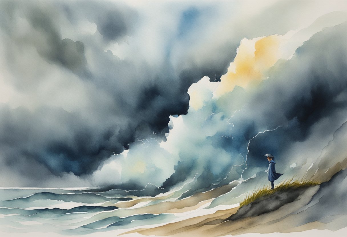 A digital watercolor of a person standing on the beach dunes as a storm is incoming