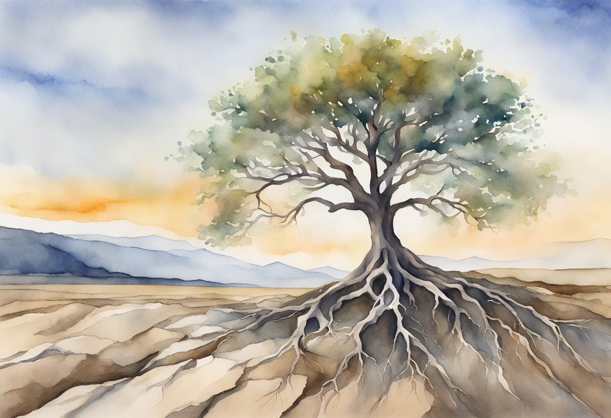 A digital watercolor of tree of life with deep roots