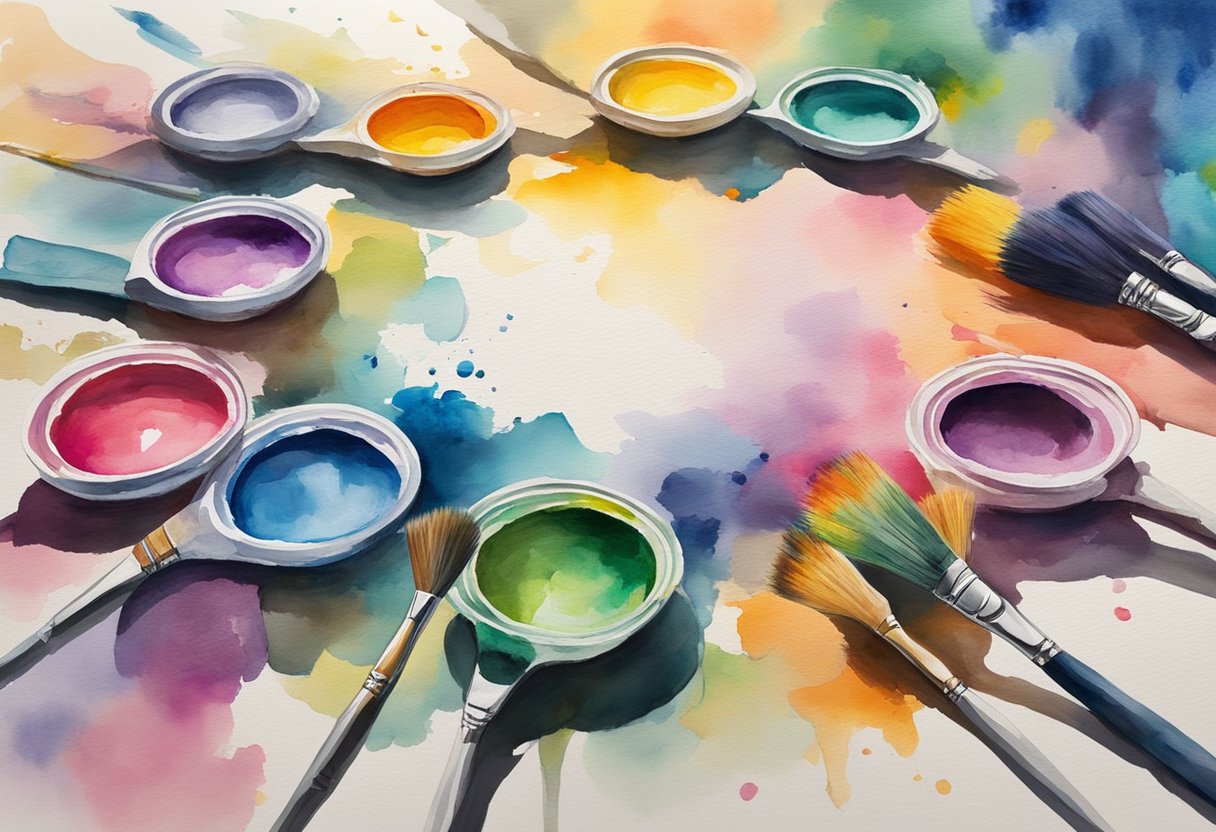 A digital watercolor of watercolor tools and brushes