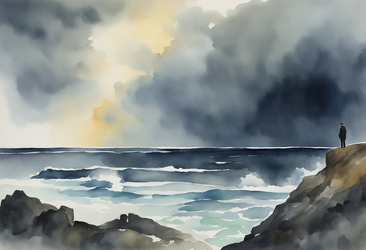 A digital watercolor of a man standing on the cliff edge overlooking the ocean with a storm rolling in