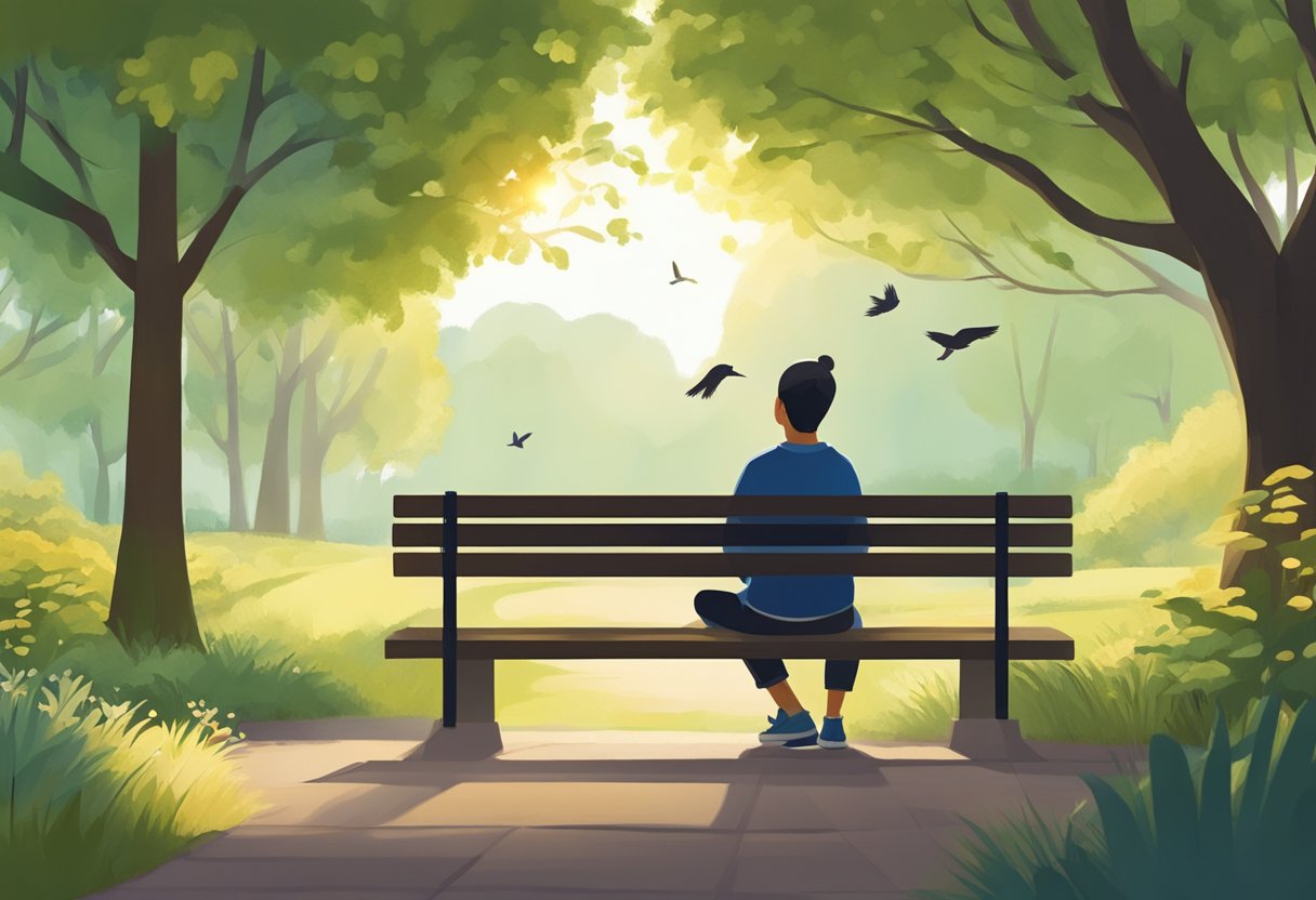 A digital illustration of a person sitting on a park bench taking in the view