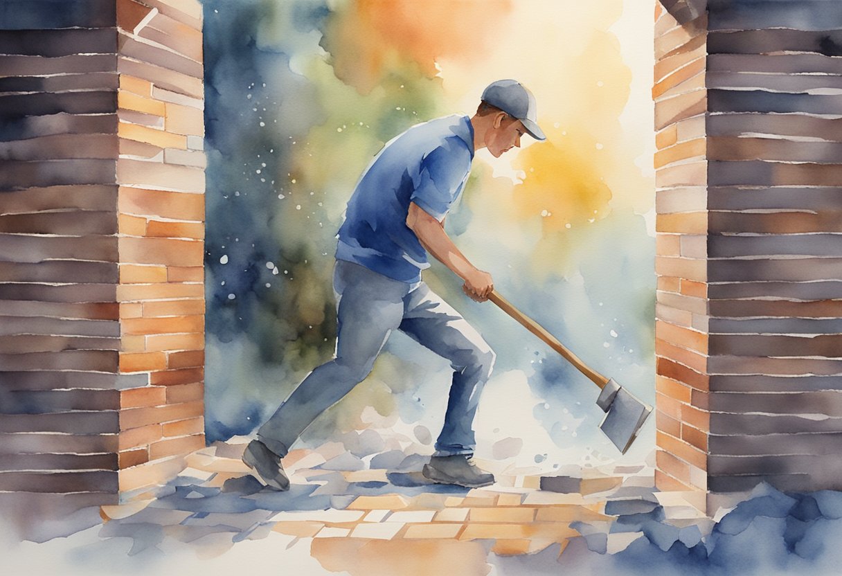 A digital watercolor of a man working with brcks