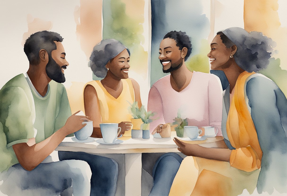 A digital watercolor of a group of people having coffee