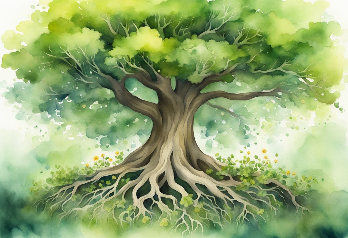 A digital watercolor of green tree of life