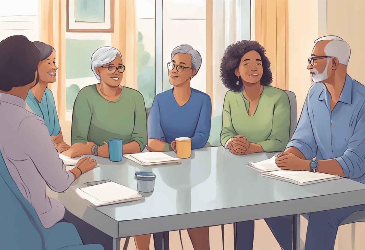 A digital illustration of people sitting around a table at a meeting