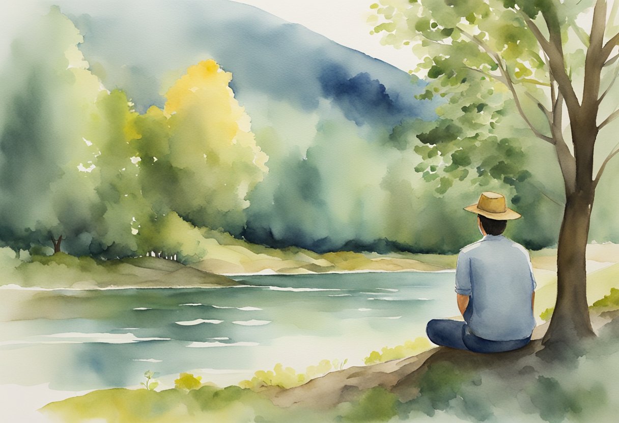 A digital watercolor of a man sitting on the banks of a wilderness lake