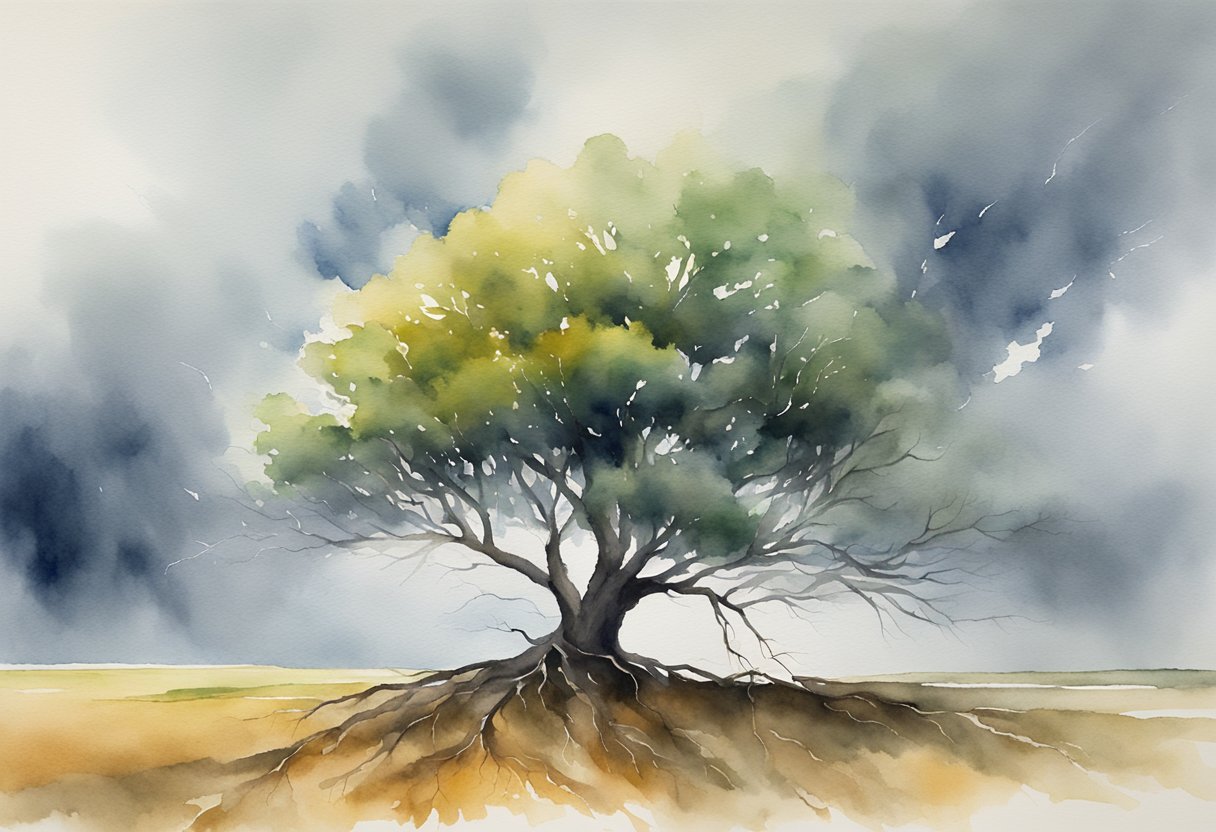 A digital watercolor of tree of life in storm