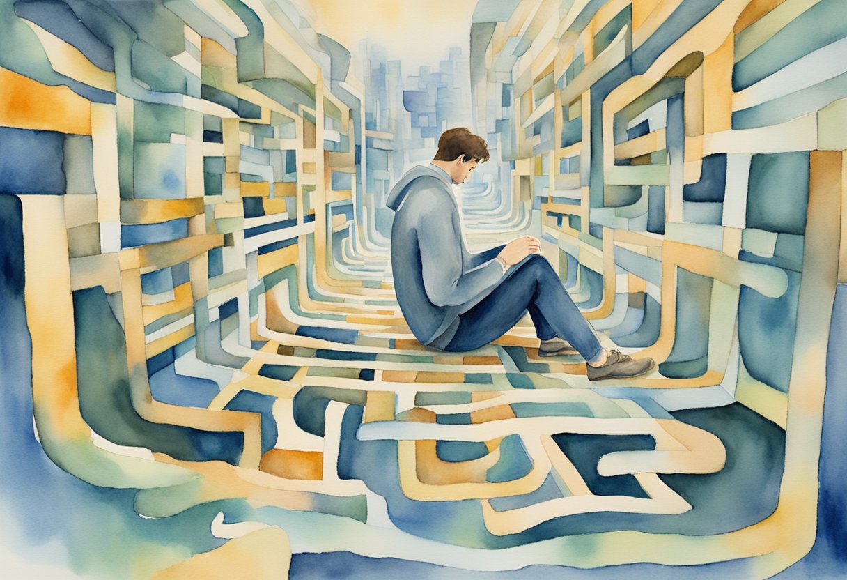 A digital watercolor of a man sitting inside a maze