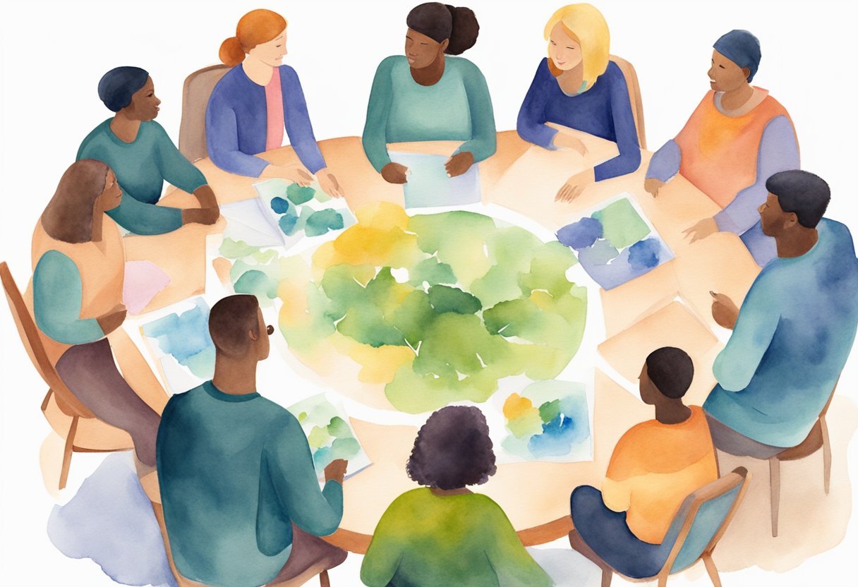 A digital watercolor of people at at a round table working on art