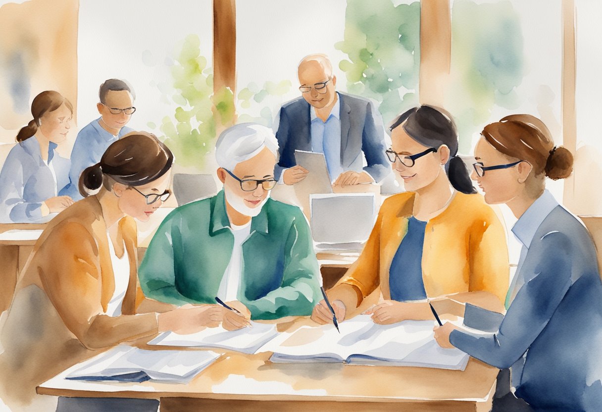 A digital watercolor of peers working together