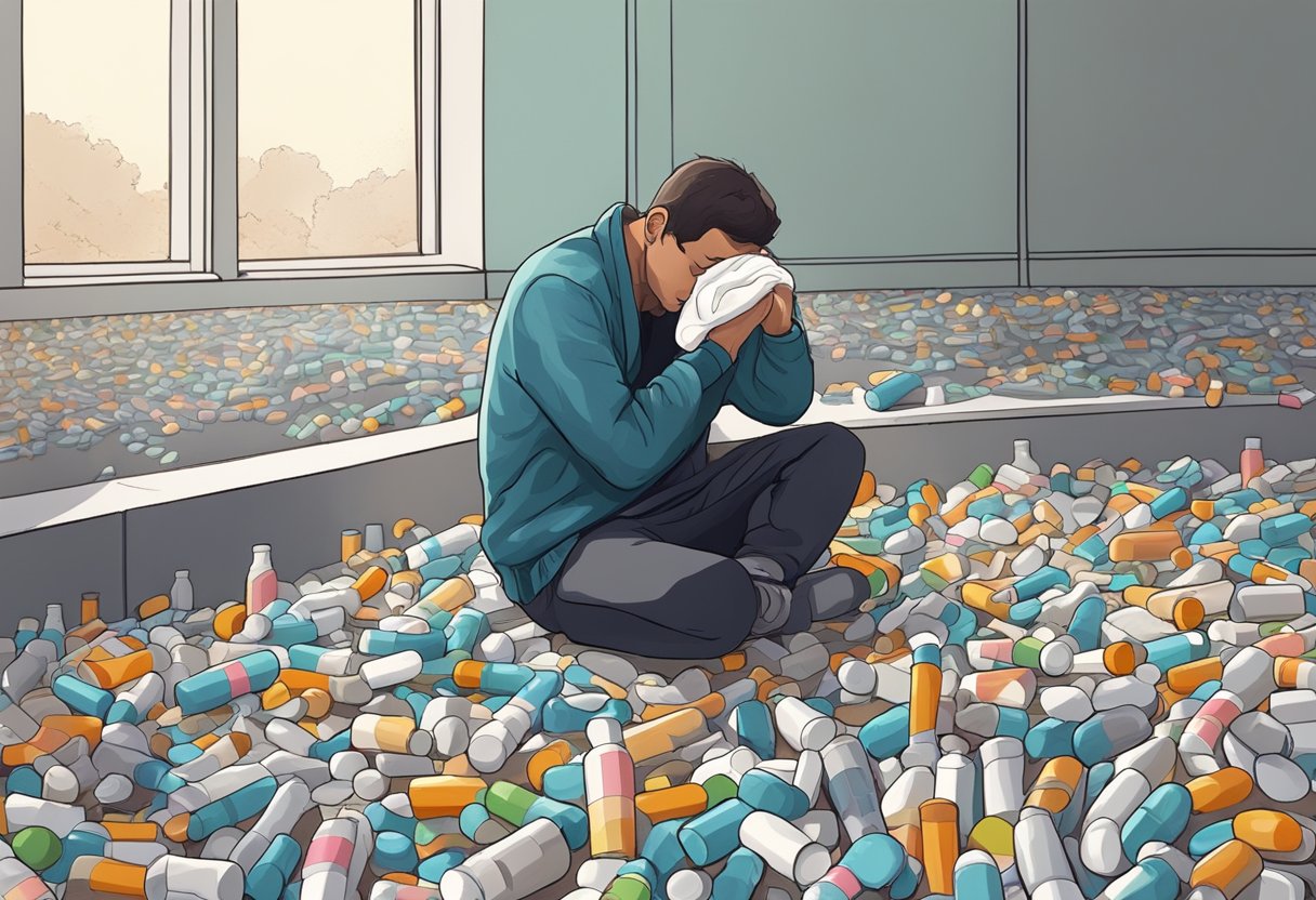 A digital illustration of a man sitting in a room full of empty pill bottles