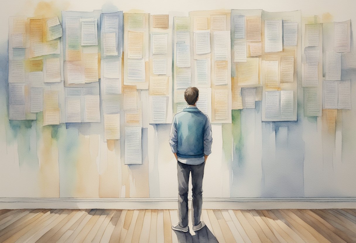 A digital watercolor of a man looking at a wall of posted information