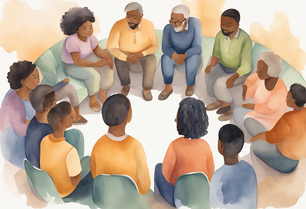 A digital watercolor of a peer support group