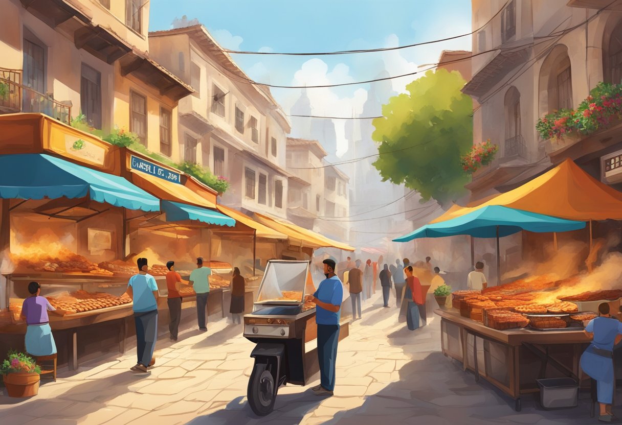 A lively Turkish street market bustling with people and delicious Turkish street food